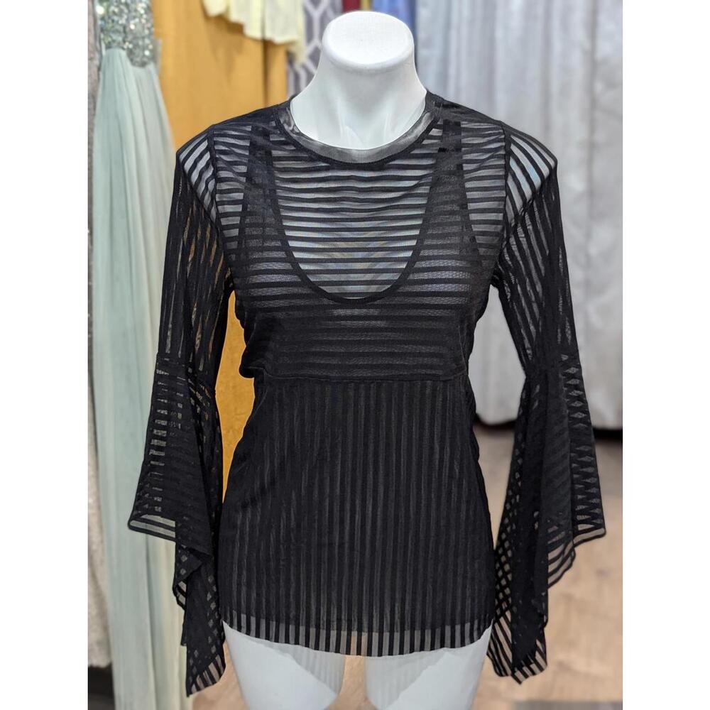 BCBGMaxazria Sheer Striped Bell Sleeve Top